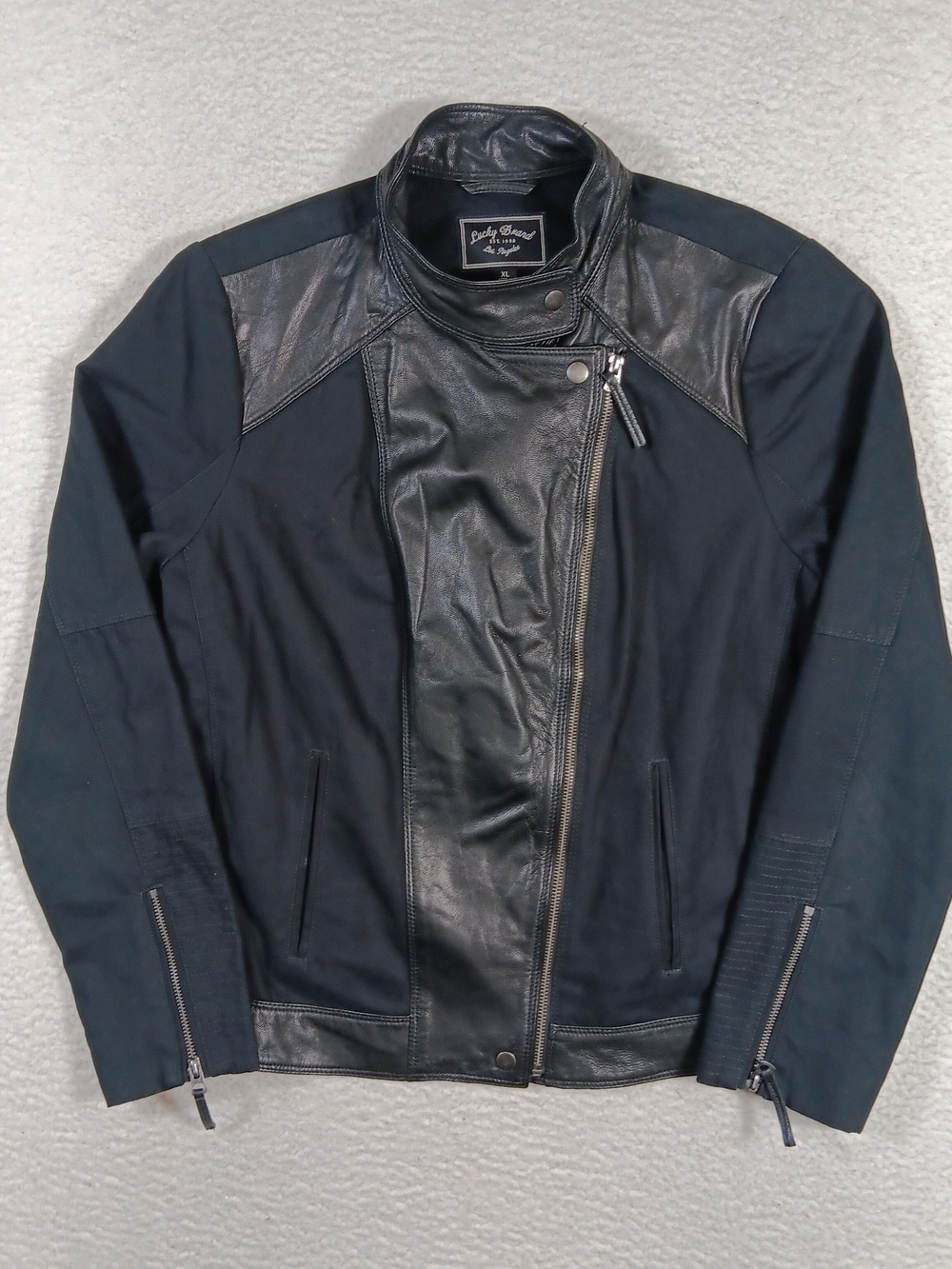 Lucky Brand Moto Jacket Womens XL Black Mixed Media Motorcycle Leather Canvas